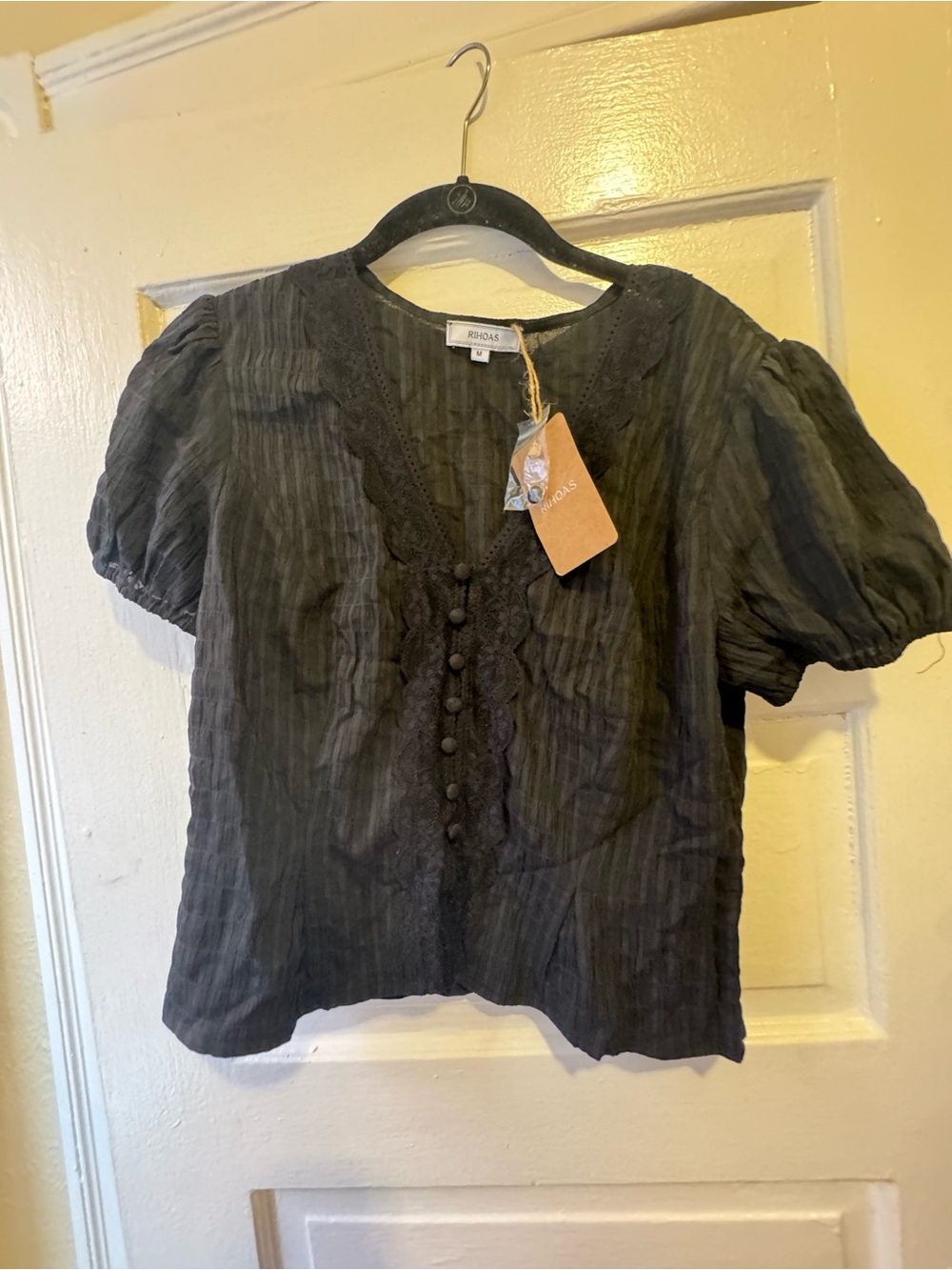 Black Puff Sleeve Button-Front Blouse with Lace Trim